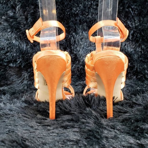 Orange Satin Woven Strap Studded High Heel Shoes - Picture 5 of 6
